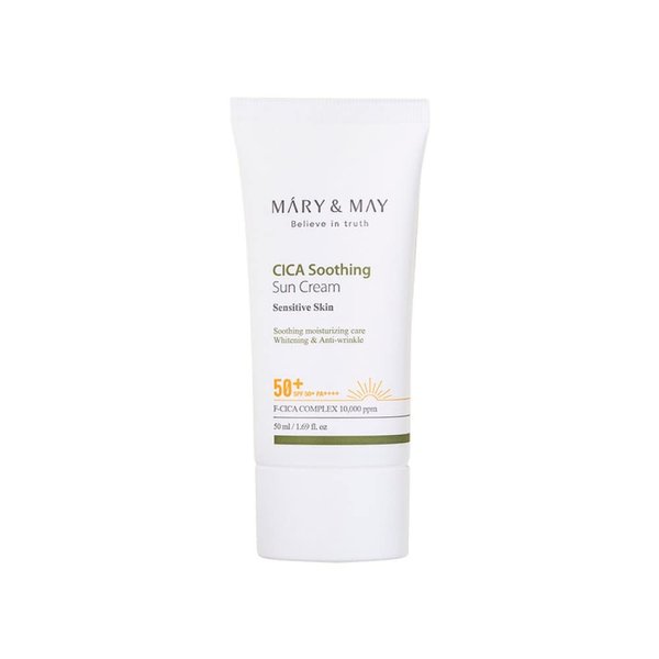 Mary&May CICA Soothing Sun Cream SPF50+ PA++++ 50ml, Korean sunscreen face, No Sticky, No Streak, No white cast, Sun block, Cica facial Vegan sun cream, Daily care