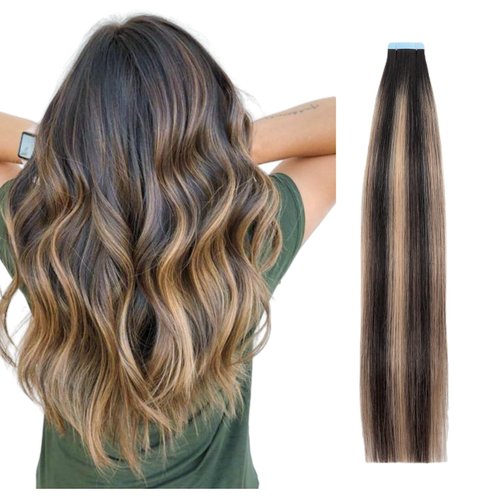 Rinboool Tape in Hair Extensions, Real Natural Remy Human Hair, Seamless Straight Pu Skin Weft, 14 Inch 40 Gram 20 Pieces, Balayage Dark Brown Rooted to Caramel Blonde