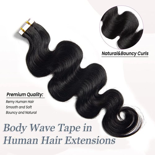 Wavy Natural Black Tape in Hair Extensions for Black Women Human Hair Body Wave PU Tape in Hair Extensions 18 Inch Invisible Double Sided Skin Weft Tape in Hair Extensions 50grams 20pcs Real Remy Hair