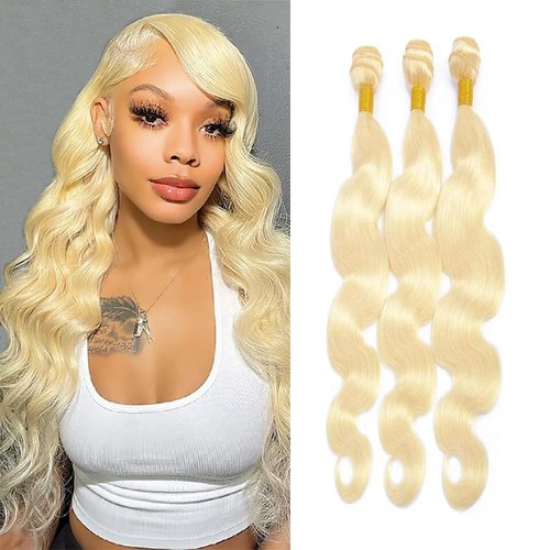 Nuailisex Color #613 Body Wave Bundles Human Hair Honey Blonde Bundles 14 16 18 inch Double Weft Brazilian Hair #613 Blonde Body Wave Bundles Unprocessed Brazilian Remy Hair Extensions