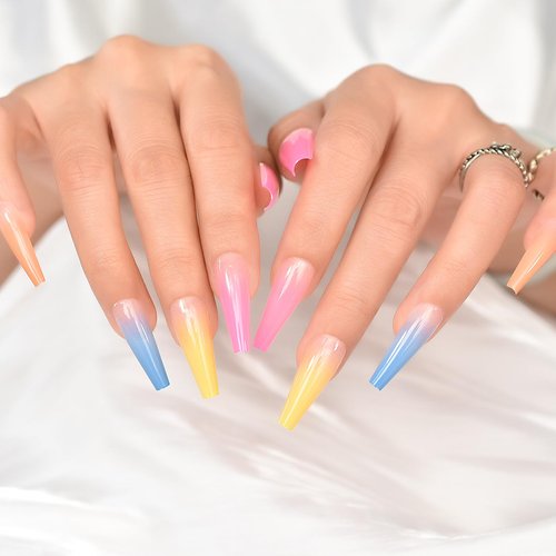 Fluorescent Yellow Press on Nails - iBeautying False Nails - UV Finish Finger Daily Wear Nail - Medium-Short Square Acrylic Reusable Fake Nails 24pcs