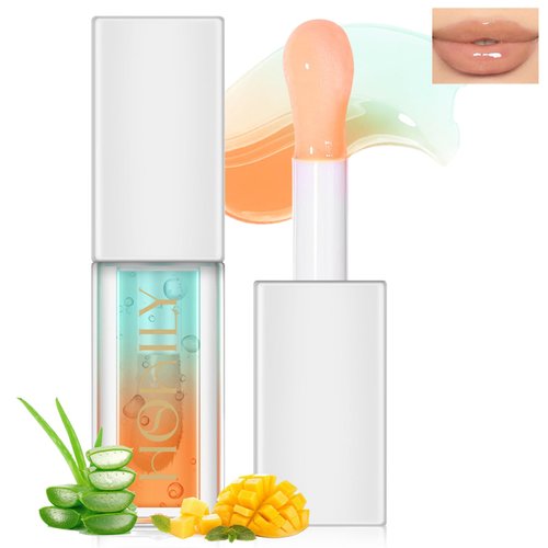 HOSAILY Double Colors Lip Glow Oil, Fruit Flavoured Clear Plumping Lip Gloss Oil for Dry Lips, Hydrating Non-Sticky Tinted Lip Oil Transparent Lip Balm for Lip Care Makeup (Aloe+Mango)