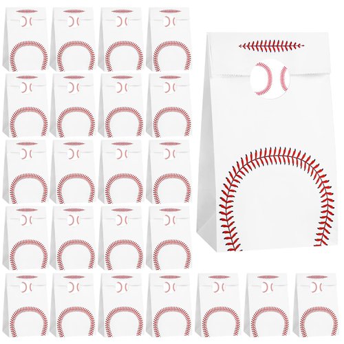 durony 24 Pack Baseball Gift Bags Paper Treat Bags Baseball Print Goodie Bags with Stickers for Sports Theme Party Decorations, Game Celebration Supplies