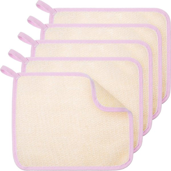 5 Pieces Exfoliating Face and Body Wash Cloths Towel Weave Bath Cloth Exfoliating Scrub Cloth Massage Bath Cloth for Women and Men (Pink Edge,11.81 x 11.8 Inch)