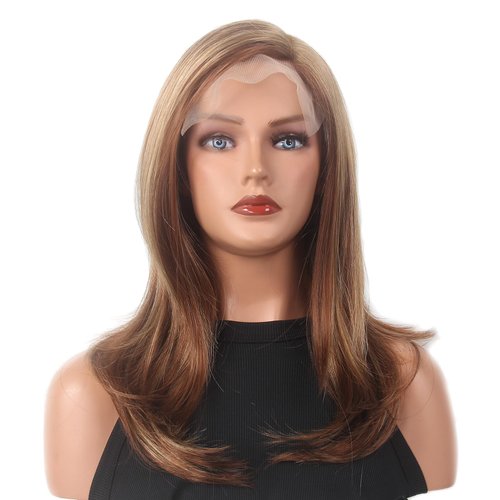 STfantasy Brown Highlight Natural Wave Short Women Lace Front Synthetic Wigs 6X4X0.5 T-Part Lace Wig Middle Length Lace Wigs with 180 Density Side Part Synthetic Hair for Womens Ladies Daily Used