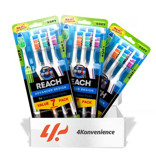 4K Logistics Reach Advanced Design Adult Toothbrush with Soft bristles (3 Pack of 7 Count Each) | Effectiveness, Softness & Cleaning | Hygiene Routine | 21 Count Total