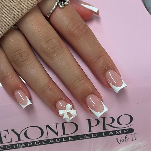 Pink Press on Nails Short Square Fake Nails White French Tip Solid Color Glossy Nude Pink Designs False Nails with Bow Nail Charms, Cute Acrylic Glue on Nails for Daily Wear Nail Art Decoration 24Pcs