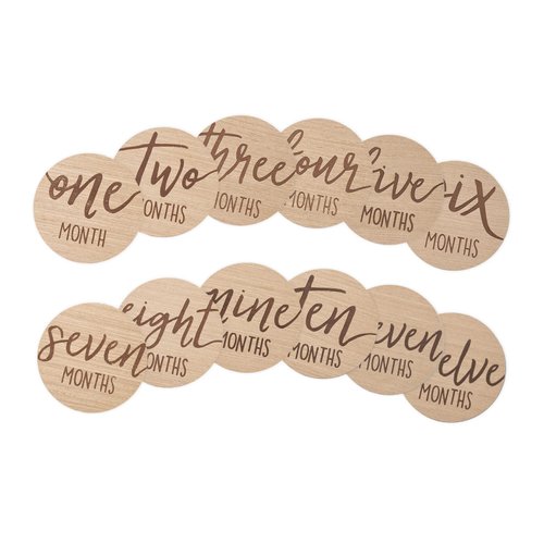 Kate & Milo Baby Monthly Milestone Marker Discs, Reversible Photo Props, Baby Growth and Pregnancy Growth Cards, 1-12 Months, Gender-Neutral Gift, Classic Cursive Script Wooden Discs