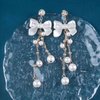 Allereyae Vintage Crystal Pearl Drop Earrings Pearl Bow Dangle Earrings Long Pearl Tassel Chain Earrings Cz Bow Stud Earrings Jewelry for Women