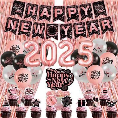 New Years Eve Party Supplies 2025 Rose Gold Happy New Year Decorations Happy New Year Banner 2025 Foil Balloons Rose Gold Fringe Curtain for Rose Gold New Year's Eve Party Supplies