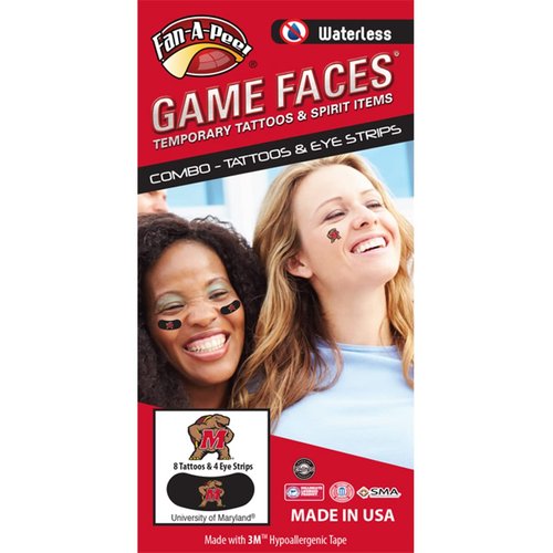 Fan A Peel University of Maryland (UMCP) Terrapins – Waterless Peel & Stick Temporary Tattoos – 12-Piece Combo – 8 Testudo Logo Spirit Tattoos & 4 Testudo Logo on Black Eye Strips, Red