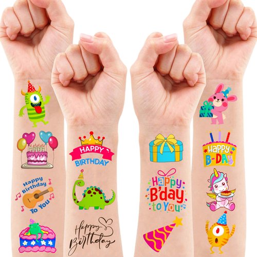 Happy Birthday Temporary Tattoos - 96 PCS Fun Cute Cartoon Themed Stickers for Kids Birthday Party Supplies Decorations Favors and Prizes - Cute Gifts for kids & teens Gifts Teacher Classroom School