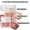 Boobeen Blush and Highlighter Palette- 4-color Metallic Shimmer Shadow Powder, Illuminator Makeup Set for Shading, Highlighting & Defining the Face