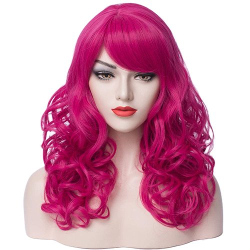PATTNIUM Hot Pink Wig Women Shoulder Length Curly Wig Dark Pink Wig With Bangs for Women and Girls Synthetic Cosplay Costume Wig (Hot Pink)