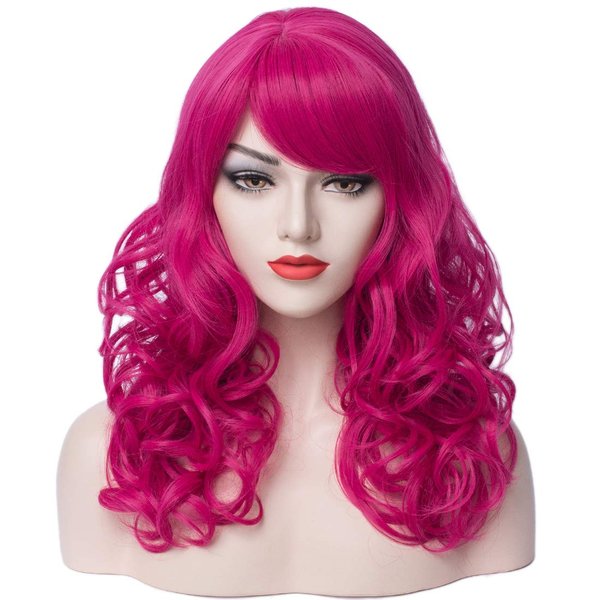 PATTNIUM Hot Pink Wig Women Shoulder Length Curly Wig Dark Pink Wig With Bangs for Women and Girls Synthetic Cosplay Costume Wig (Hot Pink)