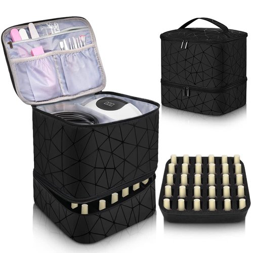 Veirdro Portable Double-Layer Nail Polish Organizer, Nail Polish Bag Holds Nail Lamp and 30 Nail Polish Bottles [15ml/0.5 fl.oz], Travel Nail Polish Carrying Bag for Manicure Tools Storage—Black