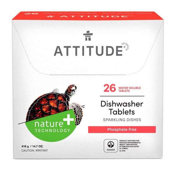 ATTITUDE Dishwasher Pods, Naturally Derived Dishwashing Detergent, Vegan and Plant-Based Dish Soap Tablets, Phosphate Free, Unscented, 26 Count