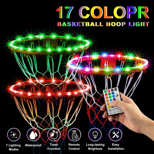 LED Basketball Hoop Lights, Remote Control Waterproof Basketball Rim Lights with 17 Colors and 7 Lighting Modes, Super Bright to Play at Night Outdoors, Good Gift for Christmas Children
