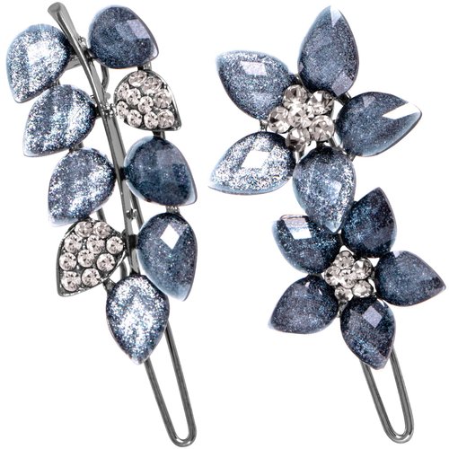 HINZIC 2Pcs 2inch Small Crystal Rhinestone Hair Clips Ink-Blue Vintage Flower Snap Clips Sparkly Decorative Hair Barrettes Wedding Engagement Prom Hair Accessories for Women Bride