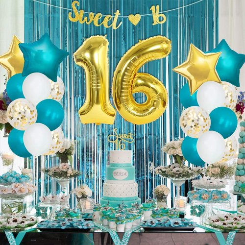 Sweet 16th Birthday Decorations for Girls - Teal 16th Birthday Decor, Turquoise and Gold Balloons Banner Cake Topper Sweet 16 Satin Sash 16 Year Old Birthday Party Supplies