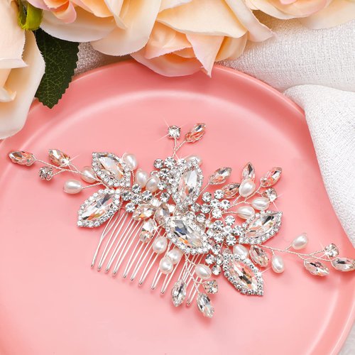 Geosar 5 Pieces Crystal Bride Wedding Hair Comb Silver Bridal Hair Pieces Pearl Rhinestone Bridal Hair Clip Flower Hair Side Combs Women