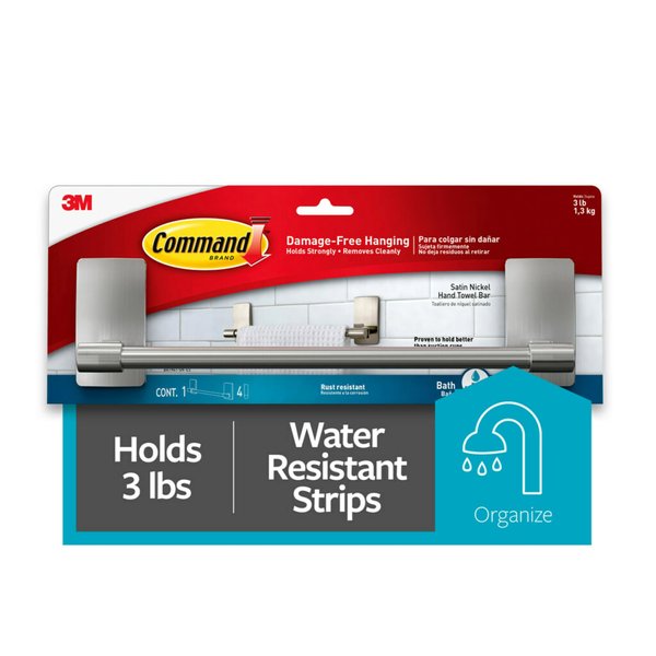Command Hand Towel Bar Satin Nickel with 4 Water Resistant Command Strips, 9" Hand Towel Holder, Holds up to 3 lb, Great for Bathroom Décor on the Wall, Inside the Cabinet, or in the Shower