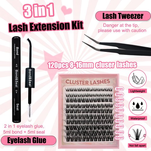 Fluffy Lash Clusters Kit 120pcs DIY Lash Extension Kit, Wispy Lash Clusters Kit Natural 8-16mm D Curl Eyelashes Extension Kit with Lash Bond and Seal and Lash Tweezers.(120P-T19-Kit)