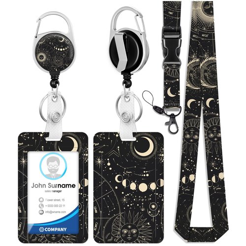 Toykee ID Badge Holder with Lanyard and Retractable Badge Reel Clip, Astrological Moon Sun Card Name Tag Lanyard Vertical ID Protector Bage Clips for Nurse Nursing Doctor Teacher Student
