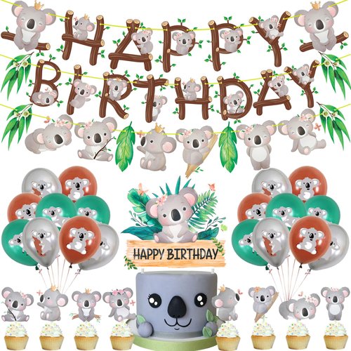 Koala Birthday Party Decorations with Cute Koala Happy Birthday Banner, Latex Balloons, Cake Cupcake Toppers for Koala Birthday Party Jungle Animal Party Supplies