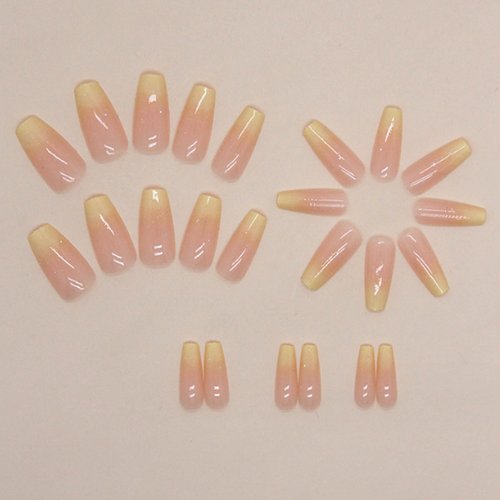 Hkanlre Bling Coffin Press on Nails Fake Nails Tips Full Cover Medium False Gradient Nails for Women and Girls 24PCS (Yellow Coffin)