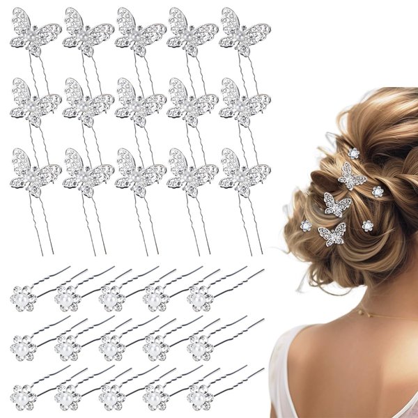 30Pcs Butterfly Wedding Hair Pins, FHDUSRYO Shiny Bridal Hair Clips, Crystal Pearl Butterfly Flower Hairpin, U Shaped Rhinestone Hair Barrettes, Wedding Hair Accessories for Women, Girls (Sliver)