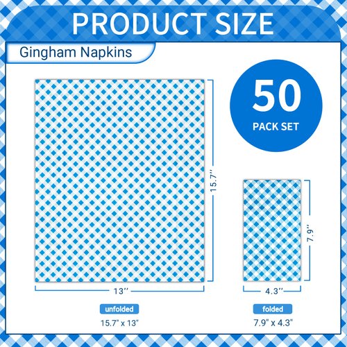 DYLIVeS Blue Gingham Napkins, Blue and White Checkered Guest Towel Plaid Party Napkins Disposable Paper Hand Towels for Luncheon, Picnic, Birthday Party, Easter, Graduation Party, 3-Ply, 50 Pcs