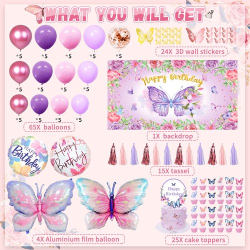 138PCS Butterfly Birthday Decorations for Girls, Butterfly Party Supplies Include Balloon Arch Butterfly Backdrop Foil Balloon 3D Butterfly Wall Decors Tablecloth Cake Topper Tassle