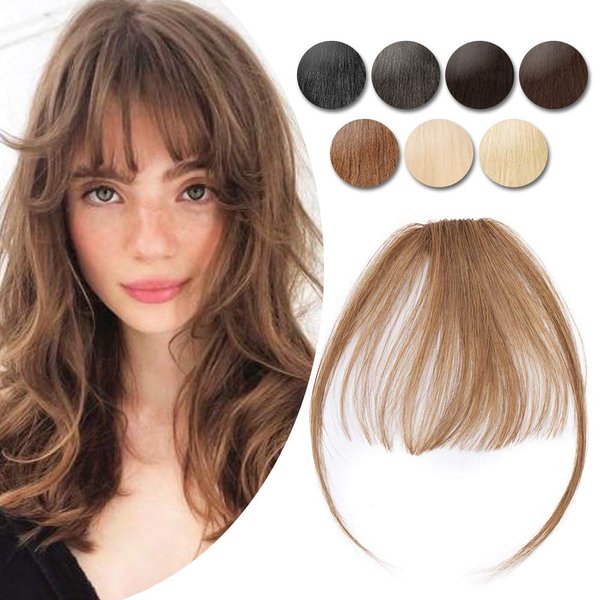 Hairro Clip In Bangs Real Human Hair Bangs Hair Clip On Bangs Extensions Thin Wispy Front Fringe Bangs Hairpieces Side Bangs With Temple Flat Bangs Hair Clip Top Hairpiece For Women 5g #06 Light Brown