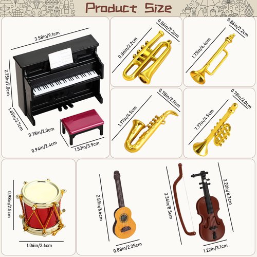 Dollhouse Miniature Musical Instrument Set in 1:12 Scale, Mini Dollhouse Musical Instrument Model Includes Violin Piano Trumpet Saxophone Electric Guitar, Model Accessory for Dollhouse Mini Music Room
