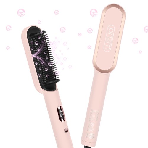 Prizm Hair Straightener Brush, 20s Fast Heating, Negative Ions Hair Straightening Brush with Less Frizz, 4 Temp Settings & LED Display, Anti-Scald Design, Gift for Women, Dual Voltage, Pink