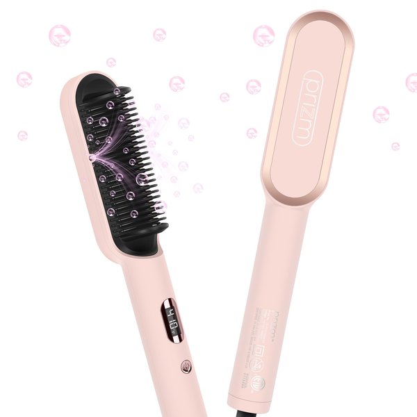 Prizm Hair Straightener Brush, 20s Fast Heating, Negative Ions Hair Straightening Brush with Less Frizz, 4 Temp Settings & LED Display, Anti-Scald Design, Gift for Women, Dual Voltage, Pink