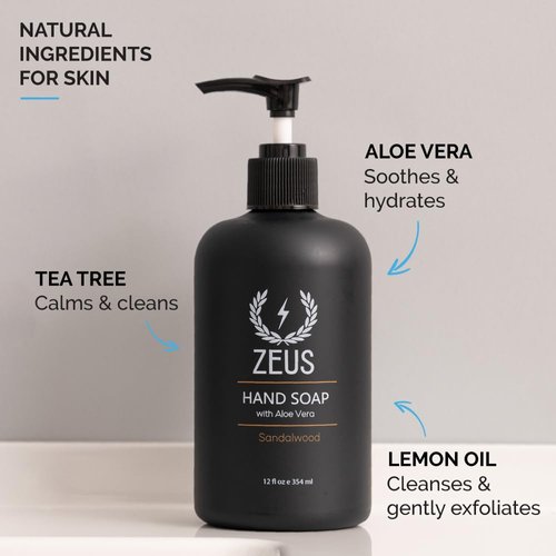 ZEUS Liquid Hand Soap with Aloe Vera, Natural Moisturizing Hand Wash, Prevents Dry Skin – MADE IN USA (Sandalwood) 12 oz.