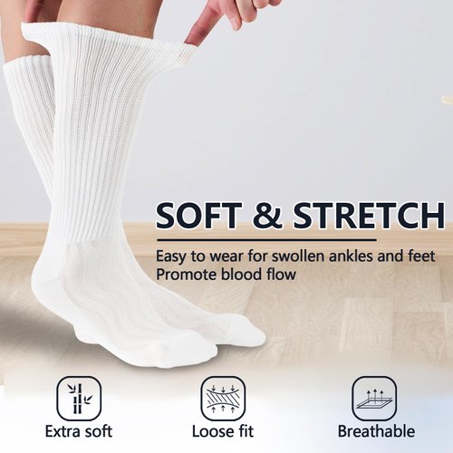 +MD 6 Pairs Non-Binding Women's Cushioned Moisture Wicking Diabetic Crew Dress Socks 9-11 White