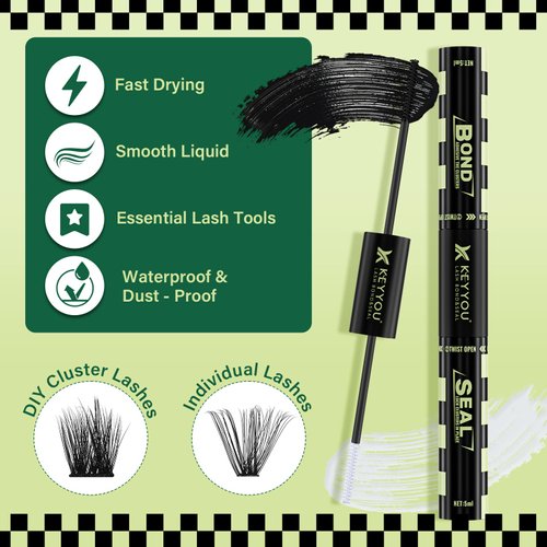 Lash Bond and Seal 10ML Bond and Seal Lash Glue KEYYOU Lash Cluster Glue Mascara for Long Lasting WaterProof Lash Extension Glue Black-5ml+5ml