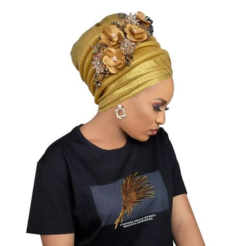 NJYFG 2024 New African Women's Turban Cap Nigeria Auto Gele Headtie Already Made Wedding Geles Female Head Wraps with Diamond Flower Gold (US, Alpha, One Size, Medium, Gold)