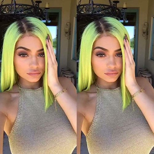 Kalisa Ombre Short Bob Wig Neon Green Lace Front Wigs for Women Synthetic Fluorescent Yellow Lace Wig with Dark Hair Roots Summer Cosplay Drag Queen Shoulder Length Straight Hair Wig