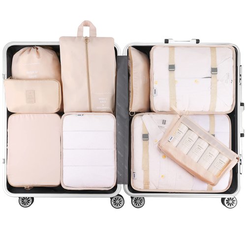 Packing Cubes for Carry On, Mossio 9 Piece Set Travel Cubes for Flying Camping Hiking Beige