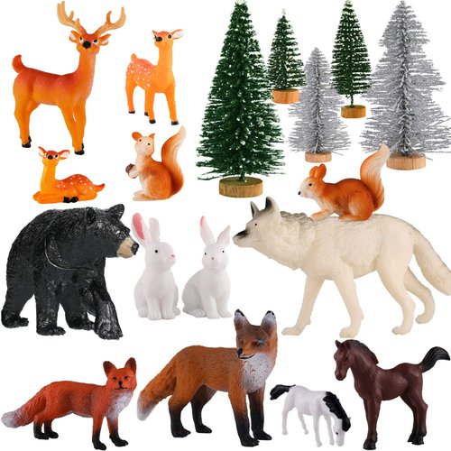 Skylety 18 Piece Wild Forest Animals Figures Toys Set Assorted Creatures Forest Diorama Realistic Plastic Woodland Animals Figurines Model Trees for Birthday Party Favors for Boys and Girls