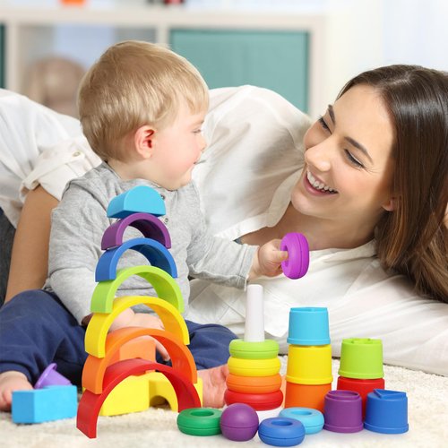 Kiddie Play Stacking Toys for Toddlers | Set of 3 Baby Toys Stacking Cups Stacking Rings and Rainbow Stacker
