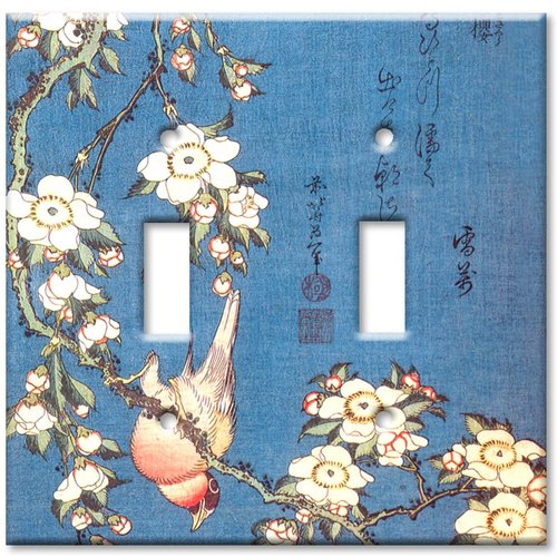 Art Plates - Double Gang Toggle Decorative Metal Wall Plate - Hokusai: Weeping Cherry and Bullfinch - (Made in USA)