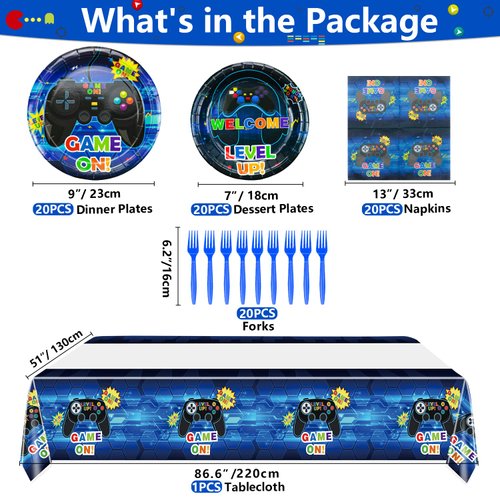 Video Game Party Supplies Serve 20-81Pcs Plates Napkins Tablecloth Forks Set for Boys Game Gaming Controller Party Supplies