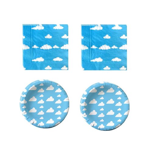 Cemtetnech 40pcs Blue Sky White Clouds Party Supplies ,include 20 Plates, 20 Napkin ,Used for Cartoon Story Birthday Party Decoration, Blue,White