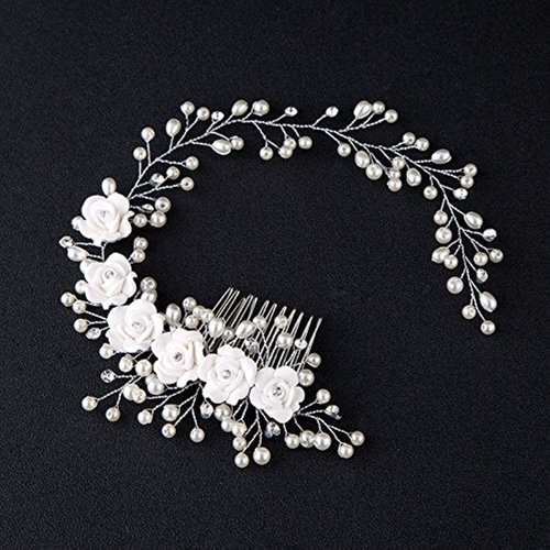 Kercisbeauty Wedding Bridal Pearl White Rose Flower Silver Headband Hair Comb Headpiece for Prom Rustic Wedding Vintage Hair Accessory Girl Prom Women's Garden Evening Party