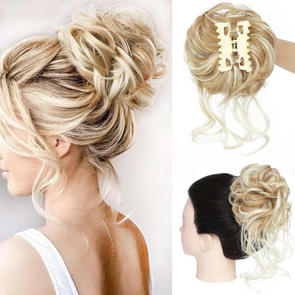 WZNBBOY Messy Bun Hair Piece Claw Clip Synthetic Chignon Tousled Updo with Tendrils Hair Extensions Hair Bun Curly Wavy Faux Hair Bun Hair Scrunchies Hair Accessories for Women (Blonde Mixed)